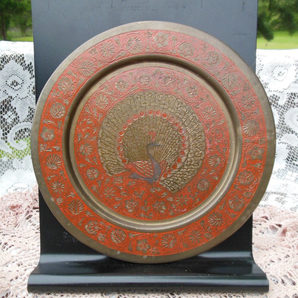 brass plate decorative etched enameled peacock cloisonne-like boho vintage retro